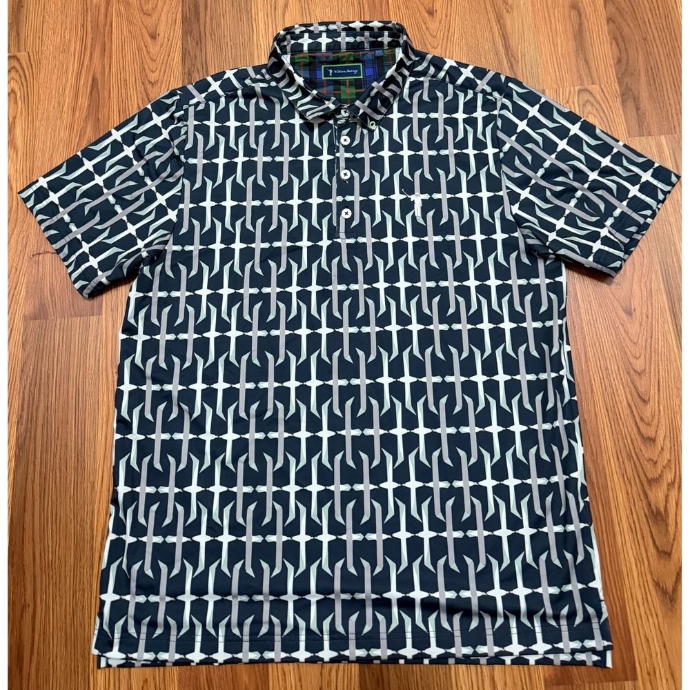 William Murray Polo Shirt Mens Large Geometric Print Golf Performance Blue
